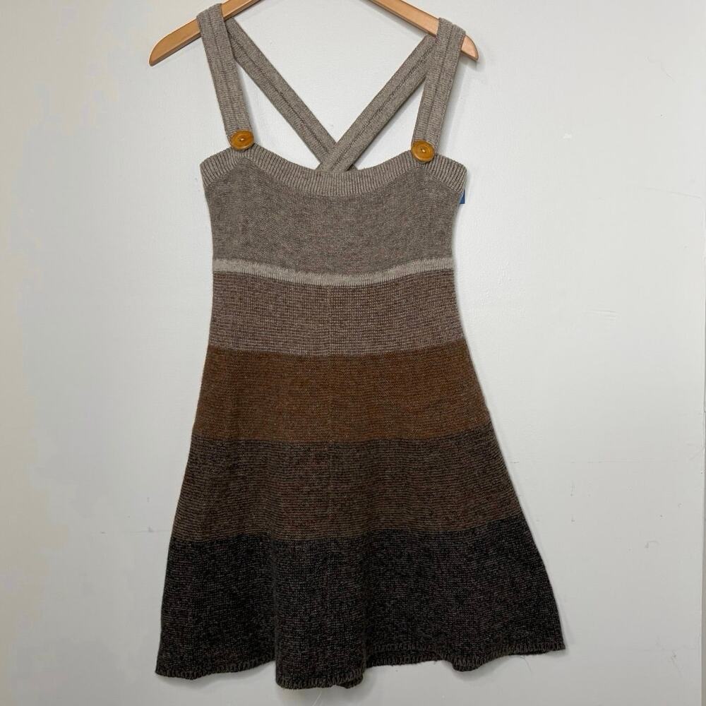 Free People Mixed Knit Striped Mini Dress L Button Strap Brown Grey Colorblock